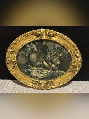 Vintage Fruit Still life Oil Painting On Wood In Ornate Gold Frame